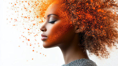 Woman with Orange Particles, Portrait. Abstract Concep,t Inner Beauty, Technology, Transformationの素材
