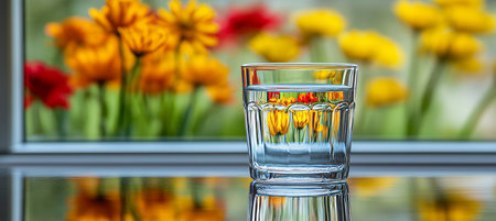 Refreshing Simplicity A Glass of Water Reflecting Colorful Flowers Reflecting Colorful Flowersの素材