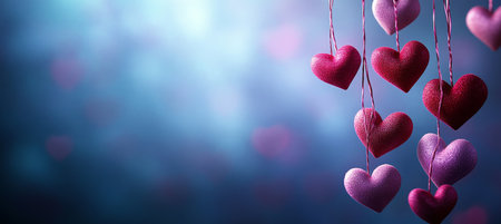 Romantic Valentine s Day Background Red and Pink Hearts Hanging on Strings with Dreamy Blue Bokehの素材