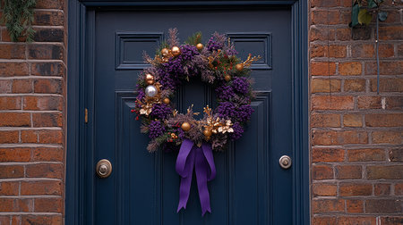 Purple and Gold Christmas Wreath on a Dark Blue Door, Festive Decoration and Holiday Spiritの素材