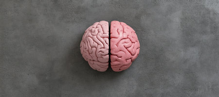 Pink Anatomical Brain Model, Showing the Left and Right Hemispheres, Isolated on a Gray Background.の素材