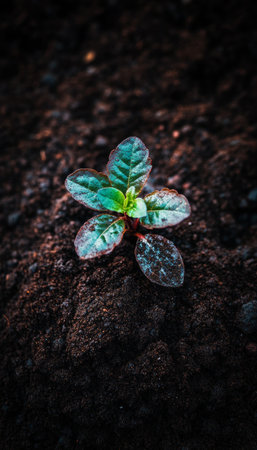 New Life, Young Plant Sprouting in Rich, Dark Soil, Vibrant Green, Agriculture, Growth, Farmingの素材