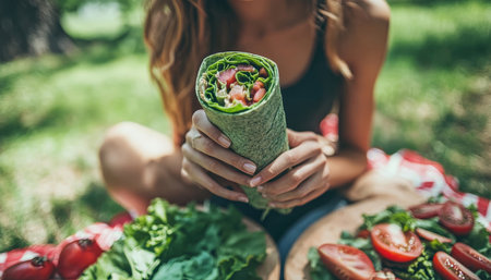 Woman Holds Delicious Veggie Wrap, Enjoying a Relaxing Summer Picnic Amidst Nature s Beauty.の素材