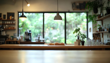 Charming Caf Interior with Delicious Pastries, Warm Lighting, Blurred Background, and Window Viewの素材
