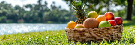 Wicker Basket Filled with Fresh Tropical Fruits in a Lush Green Meadow Near Clear Sparkling Waterの素材