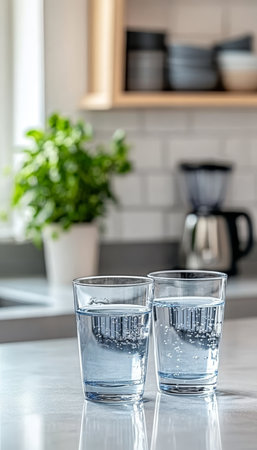 Two Glasses of Refreshing Water on a Bright Kitchen Counter A Healthy Hydration Concept.の素材