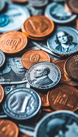 Global Finance Background, Coins and Paper Currency Scattered, Soft Focus Light Gray Backdropの素材