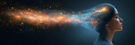 Profile of a Woman With Flowing Digital Particles Representing Duality and Creativityの素材