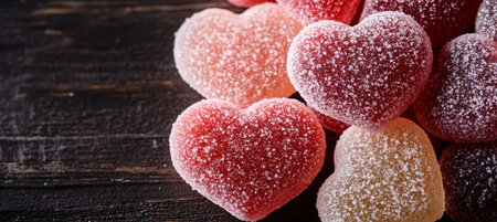 Close Up of Sweet Valentines Assorted, Sugary Gummy Hearts Capturing Romance for Valentine s Day.の素材