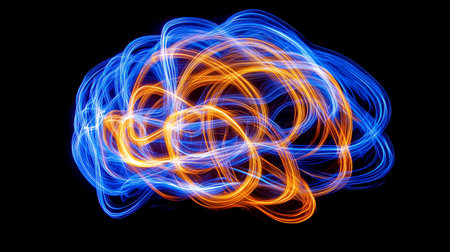 Abstract Orange And Blue Intertwined Wavy Light Trails Abstract Stock Image On Black Background.の素材