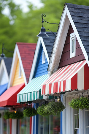Colorful storefronts with striped awnings, creating a cheerful and inviting retail atmosphere.の素材