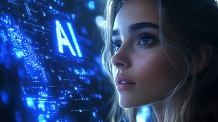 Woman Gazing at AI Circuitry A Glimpse into the Digital Future of Technology and Innovation.の素材