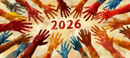 Reaching for 2026 A Tapestry of Diverse Hands Symbolizing Community and Shared Goalsの素材