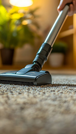 Carpet Cleaning In Action Modern Vacuum Cleaner Removes Dust And Dirt From A Textured Carpet.の素材
