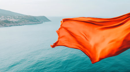 Flowing Orange Fabric, Ocean View, Motion Blur, Vibrant Color, Summer Breeze, Seascape, Scenic Viewの素材