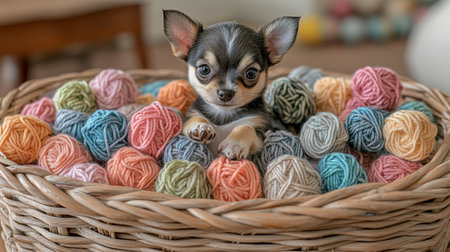 Playful Chihuahua Puppy Nestled in Wicker Basket Overflowing with Colorful Yarn Ballsの素材