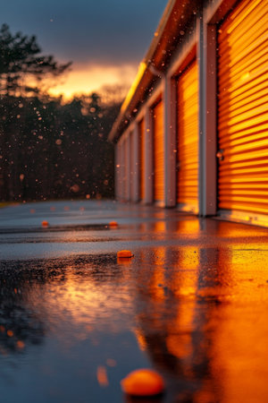 Modern Storage Facility with Orange Roll-up Doors Reflecting on Wet Pavement at Sunsetの素材
