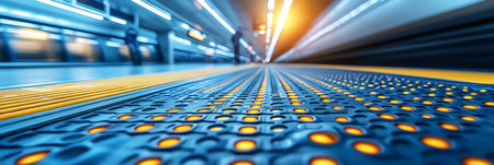 Blurred Empty Modern Subway Platform with Textured Floor, Lights, and a Sense of Motion.の素材
