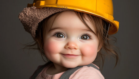Adorable Baby Girl Smiling Wearing Yellow Construction Helmet, Perfect for Advertising Campaignsの素材