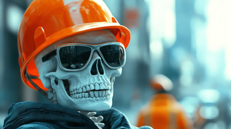 Skeleton Construction Worker Wearing Sunglasses and Hard Hat on Blurred City Background.の素材