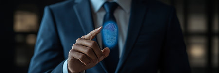 Businessman Using Fingerprint For Authorization, Biometric Identification And Cyber Securityの素材