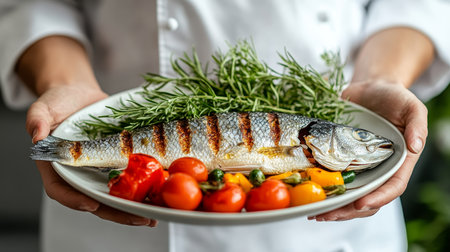 Chef Plating Grilled Fish, Fresh Catch with Vibrant Vegetables, Restaurant Presentationの素材