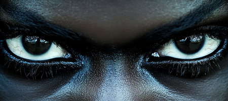 Intense Stare Woman with Glossy Black Makeup and Striking Blue Eyes in Dramatic Close-Upの素材