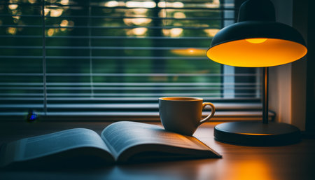 Cozy Evening Ambiance Open Book, Steaming Beverage, and Warm Lamp Light Illuminate a Wooden Tableの素材