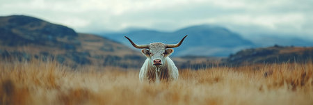 Majestic White Bull in Field, Cloudy Sky Background, Cattle, Livestock, Nature Photographyの素材
