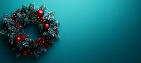Classic Christmas Wreath on Teal Background Minimalist Holiday Decor, Winter Celebrationの素材