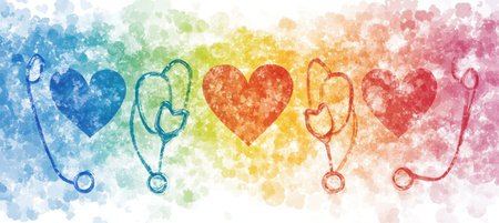 Watercolor Healthcare Concept, Abstract Stethoscopes and Hearts on Soft Rainbow Gradient Backgroundの素材