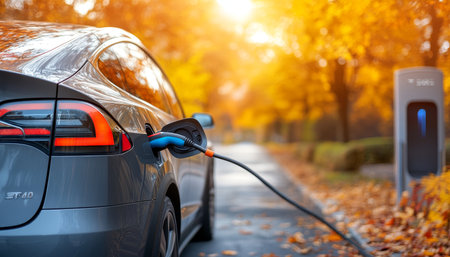 Electric Vehicle Charging, Autumn Leaves, Sustainable Transportation, Eco-Friendly Mobilityの素材