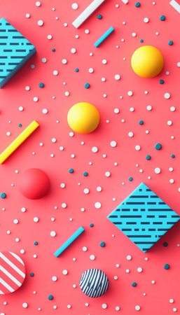 3D Geometric Shapes on Pink Background, Minimal Art and Design Concept with Colorful Pattern.の素材