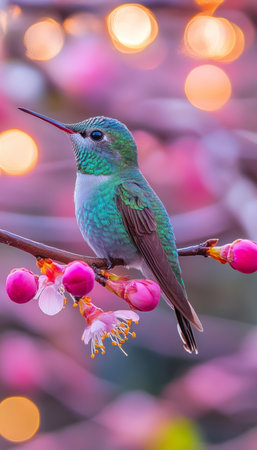 Hummingbird in Pastel Dreamscape With Spring Flowers and Fairy Lights Beauty of Natureの素材
