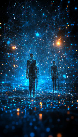 Three Silhouettes Journey Through a Starry, Dreamlike Tunnel Illuminated by a Glowing Orb.の素材