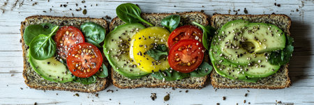 Three Avocado And Fresh Vegetable Sandwiches, Healthy Vegan Snack On Rustic Wooden Backgroundの素材