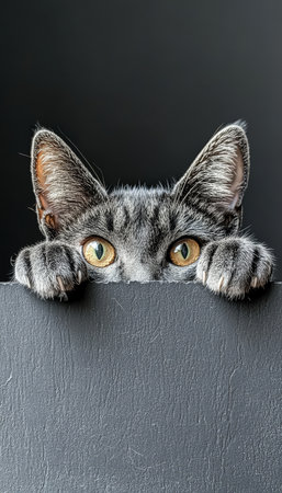Curious Tabby Cat Peeking Over Gray Background With Intense Gaze, Pet Portrait, Copy Spaceの素材