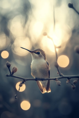 Hummingbird perched on a branch amidst soft bokeh, a delightful view of nature s magicの素材
