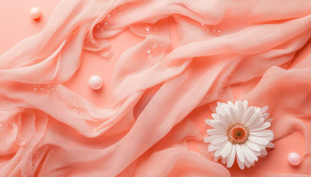Delicate Coral Fabric Draped with a Single White Daisy, Spring, and Aesthetic Flat Layの素材