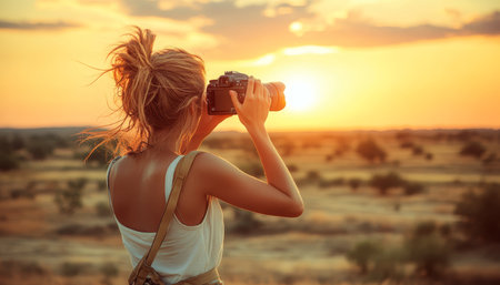 Woman Photographer Captures Golden Hour Magic Over a Scenic Savanna Landscape at Sunsetの素材