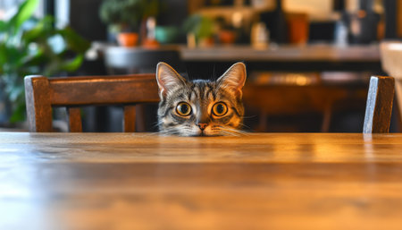Curious Tabby Cat Peeking Over Wooden Table, Playful Pet, Inquisitive Feline, Domestic Animalsの素材