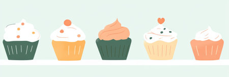 Five Delicious and Colorful Cupcakes Lined Up on a Shelf, Isolated on a Pastel Blue Backgroundの素材