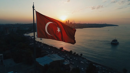 Turkish Flag Flies High Above Istanbul s Skyline During a Breathtaking Sunset over the Bosporus.の素材