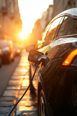 Electric Car Charging in City Sunset Urban Sustainability and Eco-Friendly Transportationの素材