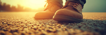 Close-Up Of Hiking Boots On A Sunny, Dusty Trail, Emphasizing The Importance Of Footwearの素材