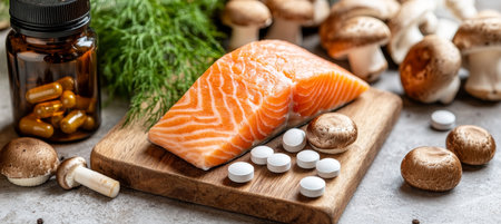 Salmon. Vitamin.D supplement pills and organic food for Immunity boosting. Health care conceptの素材