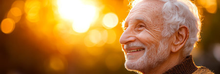 Golden Hour Tranquility Profile of Senior Man Bathed in Warm Sunlight, with Copy Spaceの素材