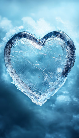 Frozen Heart of Winter A Serene Symbol of Ice Against a Blue Sky, Ethereal Beauty and Solitudeの素材