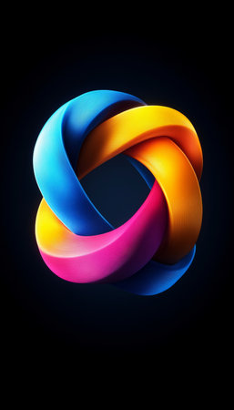 Abstract Swirling Ribbons on Black Background Colorful Design Element with Copy Spaceの素材