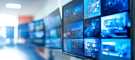 Modern Security Operations Center with Video Wall Displaying Surveillance Data and Analyticsの素材